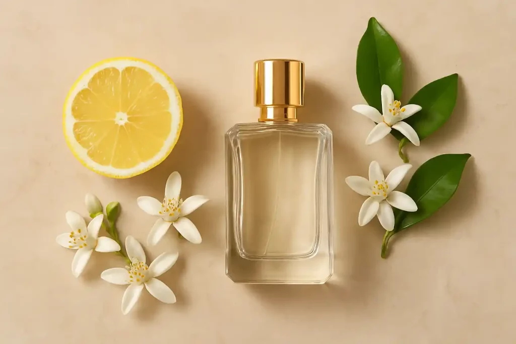 تصویری شیک و باکیفیت از چند شیشه عطر زنانه با طراحی تابستانی و طبع خنک روی زمینهای روشن و مینیمال