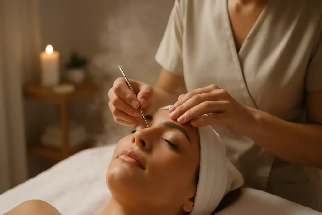 اجرای فیشال حرفه‌ای با ابزار پاکسازی روی پوست صورت در یک فضای آرامش‌بخش