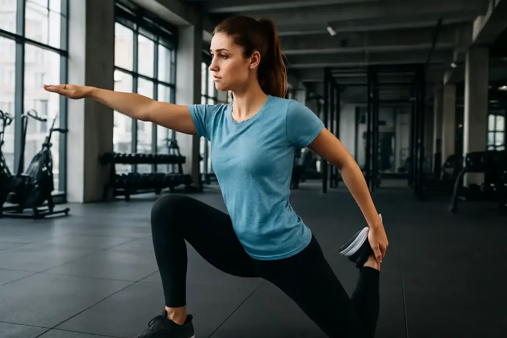 مدل زن جوان در حال کشش با تی‌شرت ورزشی تنفسی و لگ تیره در یک سالن ورزشی بزرگ؛ نمونه‌ای از استایل ورزشی زنانه