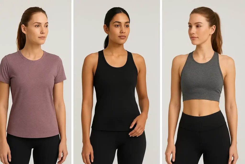 کلاژ سه مدل زن با تیشرت ورزشی، تاپ ورزشی و کراپ‌تاپ ورزشی؛ مقایسه انواع بالاپوش‌ها در استایل ورزشی زنانه.
