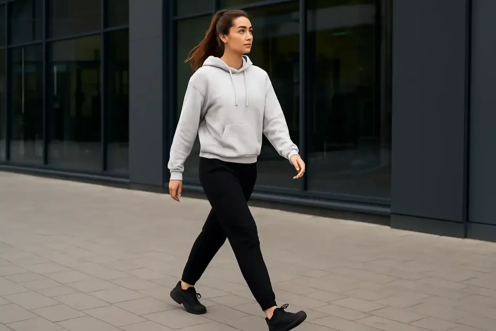 مدل زن با هودی روشن و اسلش مشکی در حال قدم‌زدن کنار باشگاه؛ نمونه‌ای از استایل ورزشی زنانه با حس راحتی و استایل خیابانی.