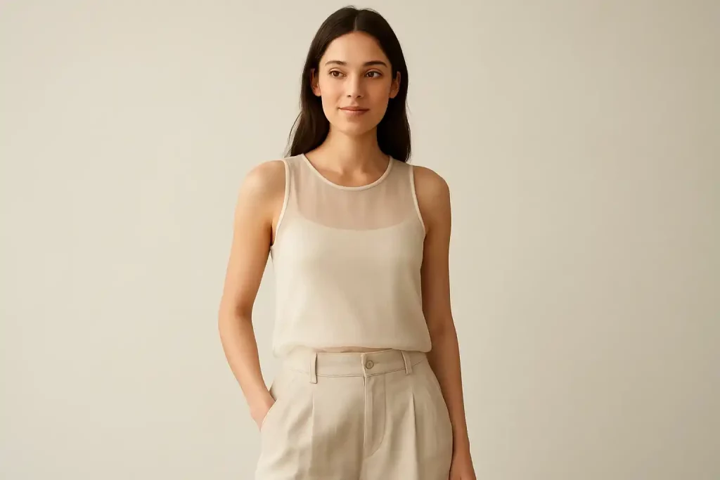 مدل پوشیده در تاپ زنانه تابستانی نیمه‌شفاف با تاپ نخی زیر و شلوار پارچه‌ای روشن