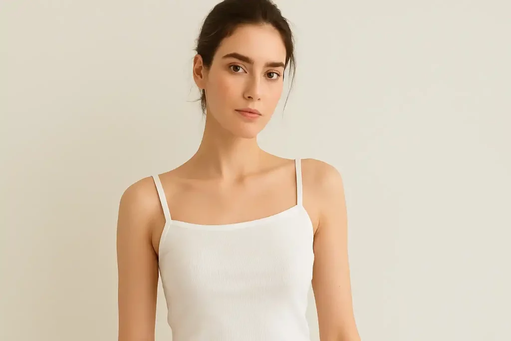 مدل پوشیده در تاپ زنانه تابستانی یقه قایقی سفید با استایل ساده و مینیمال