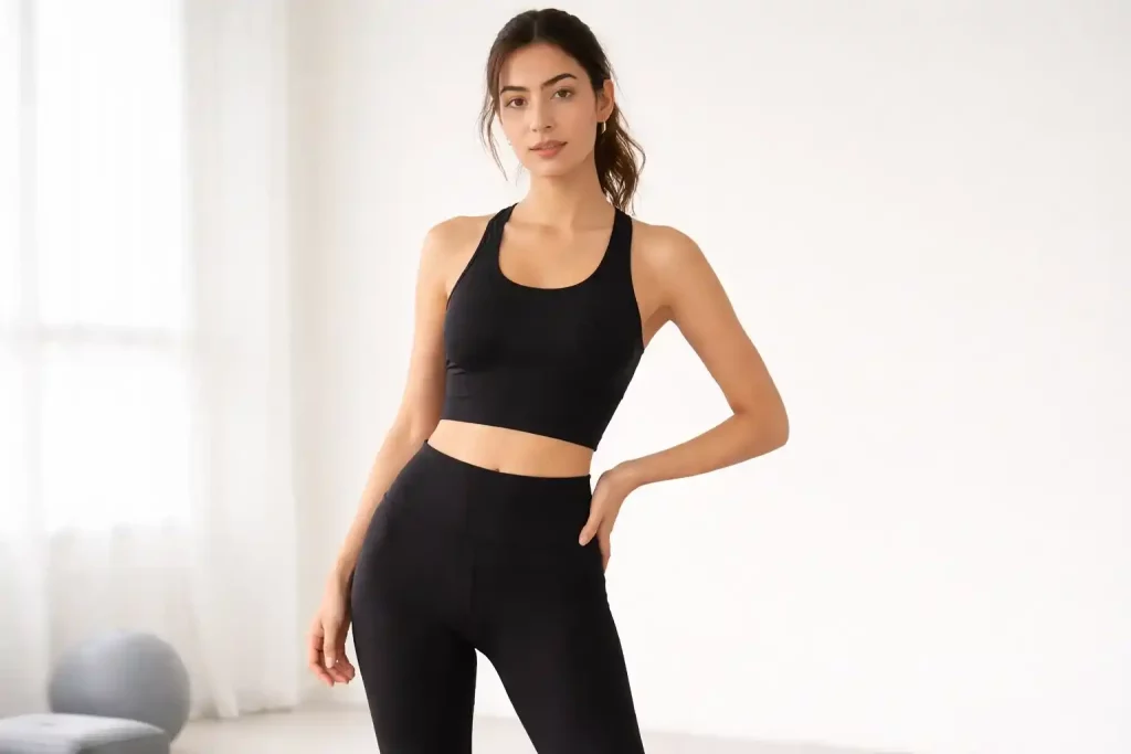 مدل پوشیده در تاپ زنانه تابستانی ورزشی جذب با لگ مشکی، مناسب استایل اسپرت