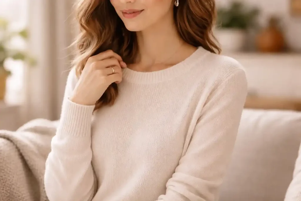 مدل زن با لباس زنانه سبک، بافت نازک و پارچه مشخص پنبه‌ای یا پشمی، فوکوس روی یقه و آستین در استایل روزمره و راحت