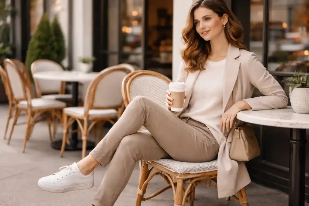 مدل زن با لباس سبک در استایل روزمره کژوال، نشسته در کافه با کفش راحت و پوشش سبک بدون حجم
